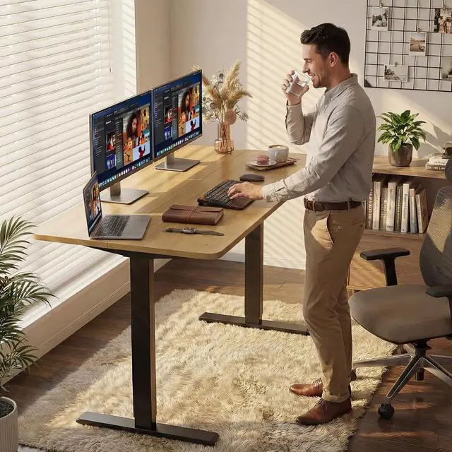Alt view image 5 of 7 - Standing Desk Electric Adjustable Desk Large 55 x 24 Sit Stand Up Desk Home Office Computer Desk Memory Preset with T-Shaped Metal Bracket, Black&Wood
