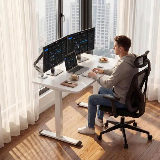Alt view image 2 of 7 - Standing Desk Electric Adjustable Desk Large 40 x 24 Sit Stand Up Desk Home Office Computer Desk Memory Preset with T-Shaped Metal Bracket, White