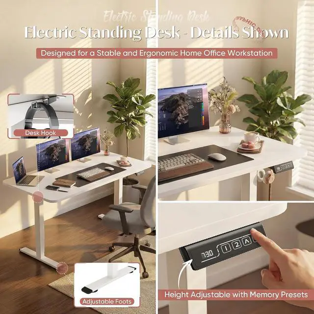 Alt view image 5 of 7 - Standing Desk Electric Adjustable Desk Large 40 x 24 Sit Stand Up Desk Home Office Computer Desk Memory Preset with T-Shaped Metal Bracket, White