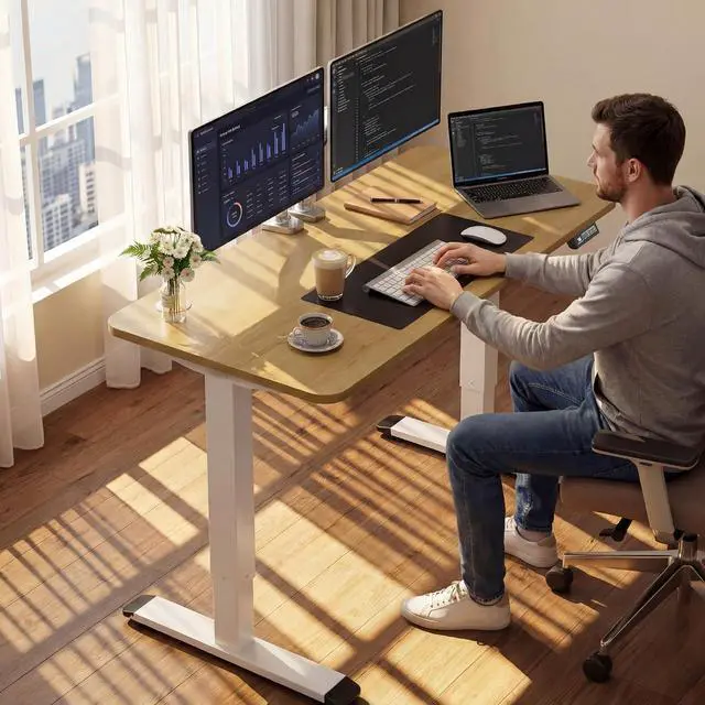Alt view image 2 of 7 - Standing Desk Electric Adjustable Desk Large 55 x 24 Sit Stand Up Desk Home Office Computer Desk Memory Preset with T-Shaped Metal Bracket, White&Walnut