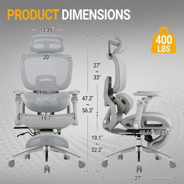 Alt view image 2 of 7 - Ergonomic Office Chair, High Back Executive Chair with Heated Massage Lumbar Support, 6D Armrests, Adjustable Headrest & Footrest, Breathable Full-Mesh Design, Gray