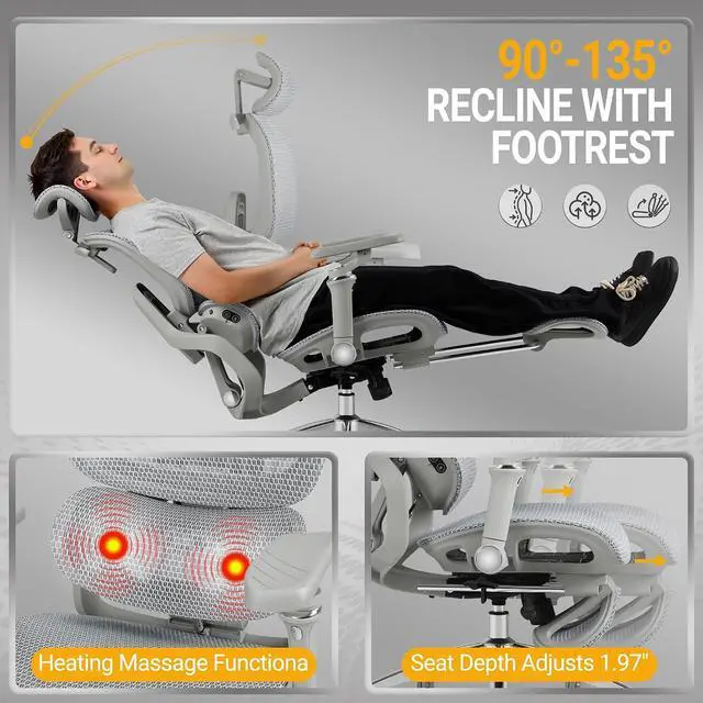 Alt view image 3 of 7 - Ergonomic Office Chair, High Back Executive Chair with Heated Massage Lumbar Support, 6D Armrests, Adjustable Headrest & Footrest, Breathable Full-Mesh Design, Gray