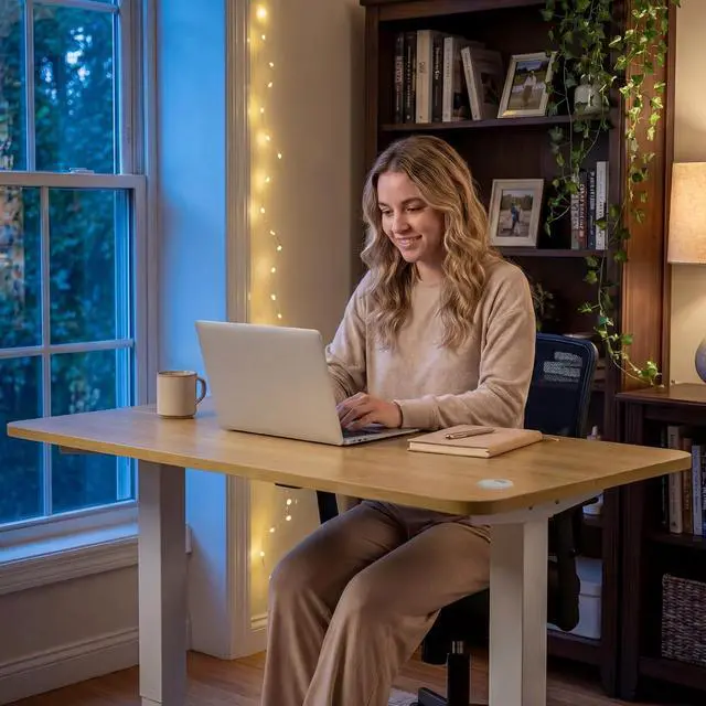 Alt view image 6 of 7 - Standing Desk Electric Adjustable Desk Large 55 x 24 Sit Stand Up Desk Home Office Computer Desk Memory Preset with T-Shaped Metal Bracket, White&Walnut