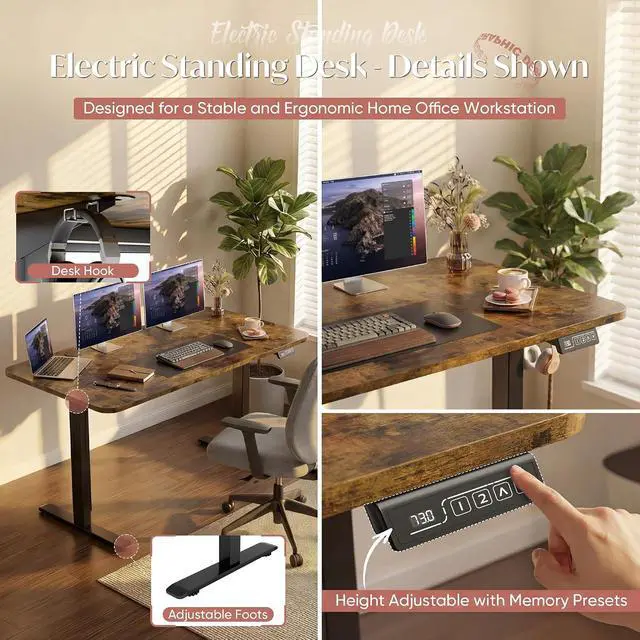 Alt view image 5 of 7 - Standing Desk Electric Adjustable Desk Large 48 x 24 Sit Stand Up Desk Home Office Computer Desk Memory Preset with T-Shaped Metal Bracket, Brown