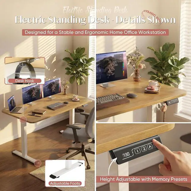 Alt view image 4 of 7 - Standing Desk Electric Adjustable Desk Large 55 x 24 Sit Stand Up Desk Home Office Computer Desk Memory Preset with T-Shaped Metal Bracket, White&Walnut