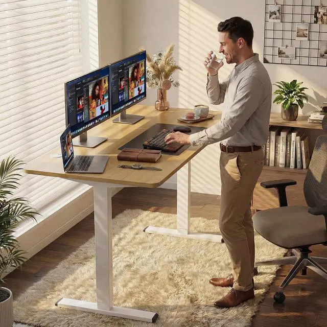 Alt view image 5 of 7 - Standing Desk Electric Adjustable Desk Large 55 x 24 Sit Stand Up Desk Home Office Computer Desk Memory Preset with T-Shaped Metal Bracket, White&Walnut