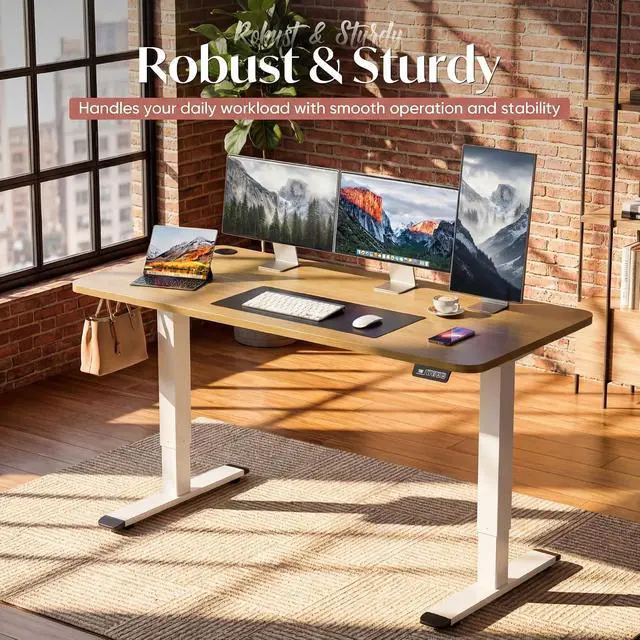 Alt view image 3 of 7 - Standing Desk Electric Adjustable Desk Large 55 x 24 Sit Stand Up Desk Home Office Computer Desk Memory Preset with T-Shaped Metal Bracket, White&Walnut