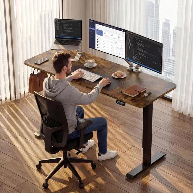 Alt view image 2 of 7 - Standing Desk Electric Adjustable Desk Large 63 x 24 Sit Stand Up Desk Home Office Computer Desk Memory Preset with T-Shaped Metal Bracket, Brown