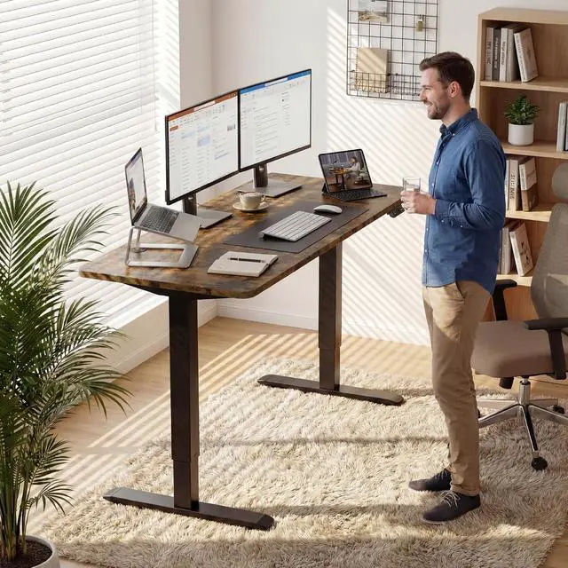 Alt view image 5 of 7 - Standing Desk Electric Adjustable Desk Large 63 x 24 Sit Stand Up Desk Home Office Computer Desk Memory Preset with T-Shaped Metal Bracket, Brown