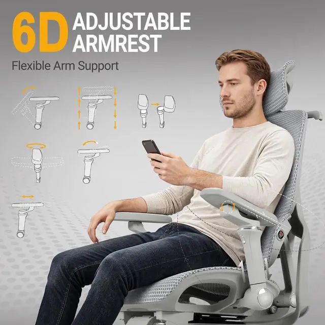 Alt view image 4 of 7 - Ergonomic Office Chair, High Back Executive Chair with Heated Massage Lumbar Support, 6D Armrests, Adjustable Headrest & Footrest, Breathable Full-Mesh Design, Gray