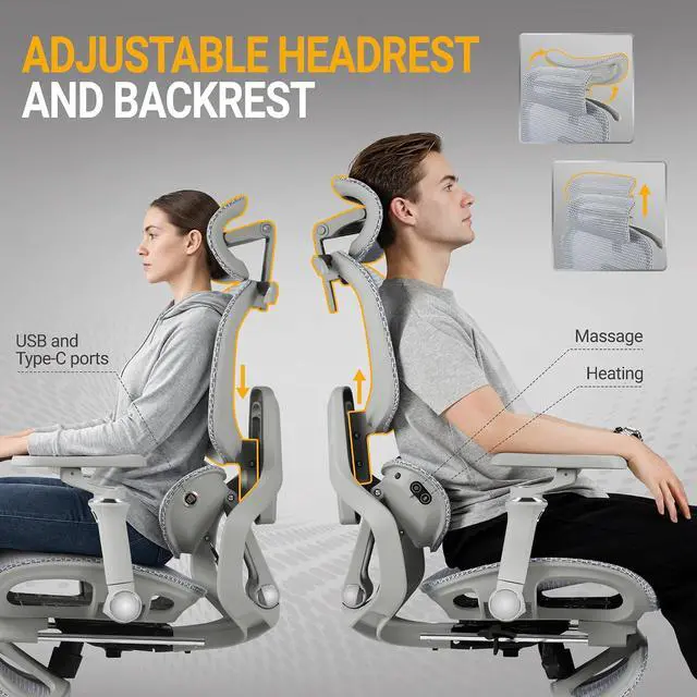 Alt view image 5 of 7 - Ergonomic Office Chair, High Back Executive Chair with Heated Massage Lumbar Support, 6D Armrests, Adjustable Headrest & Footrest, Breathable Full-Mesh Design, Gray