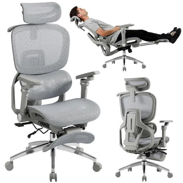 Alt view image 7 of 7 - Ergonomic Office Chair, High Back Executive Chair with Heated Massage Lumbar Support, 6D Armrests, Adjustable Headrest & Footrest, Breathable Full-Mesh Design, Gray