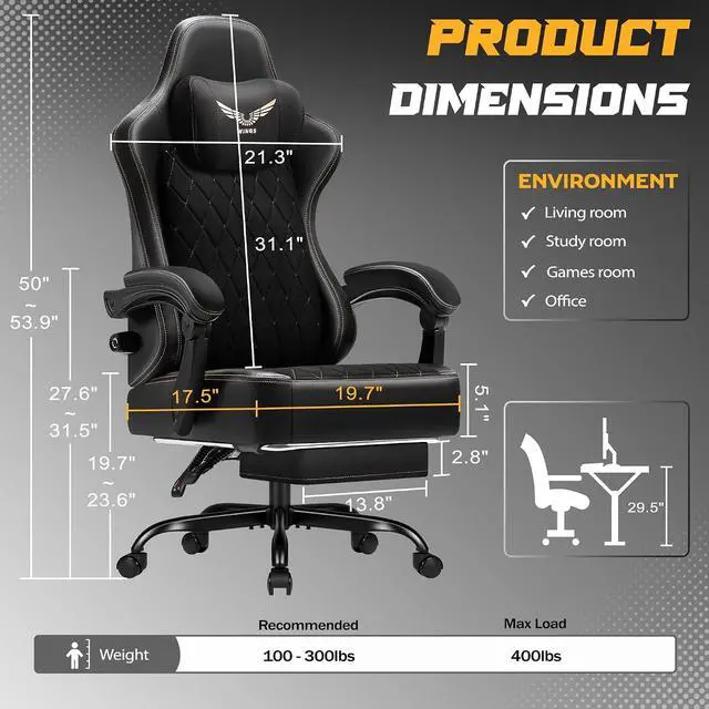 Alt view image 3 of 7 - Big and Tall Gaming Chair with Adjustable Lumbar Support, Breathable Fabric Ergonomic Computer Office Chair, High-Back Reclining Video Game Chair with Footrest for Adults (Black)
