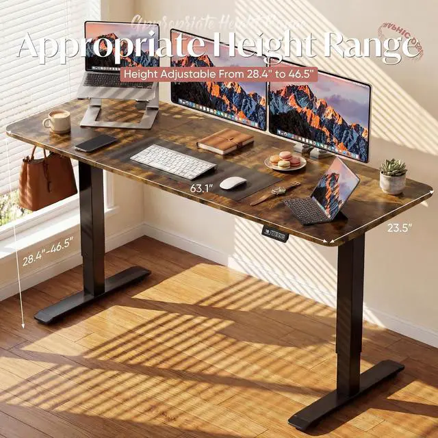 Alt view image 7 of 7 - Standing Desk Electric Adjustable Desk Large 63 x 24 Sit Stand Up Desk Home Office Computer Desk Memory Preset with T-Shaped Metal Bracket, Brown