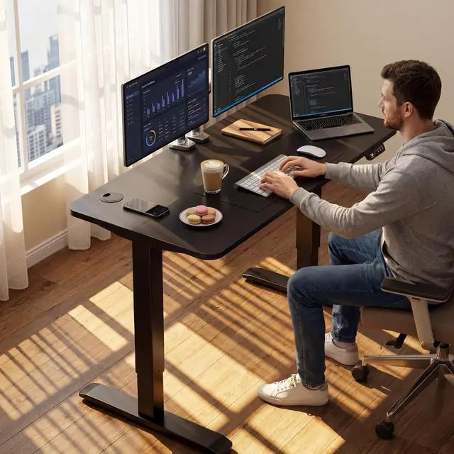 Alt view image 2 of 7 - Standing Desk Electric Adjustable Desk Large 55 x 24 Sit Stand Up Desk Home Office Computer Desk Memory Preset with T-Shaped Metal Bracket, Black