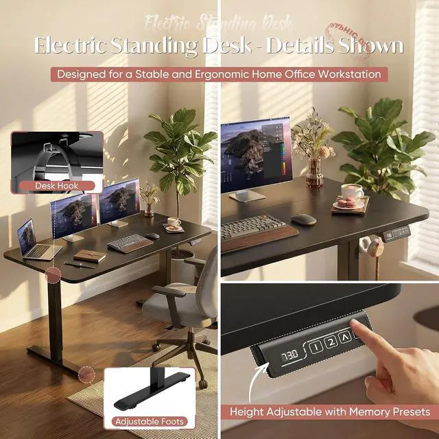 Alt view image 5 of 7 - Standing Desk Electric Adjustable Desk Large 55 x 24 Sit Stand Up Desk Home Office Computer Desk Memory Preset with T-Shaped Metal Bracket, Black