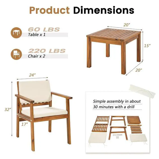 Alt view image 5 of 7 - Patio Chairs 3 Piece Acacia Wood Patio Furniture with Coffee Table & Cushions Outdoor Conversation Set Balcony Chairs for Porch, Deck, Backyard