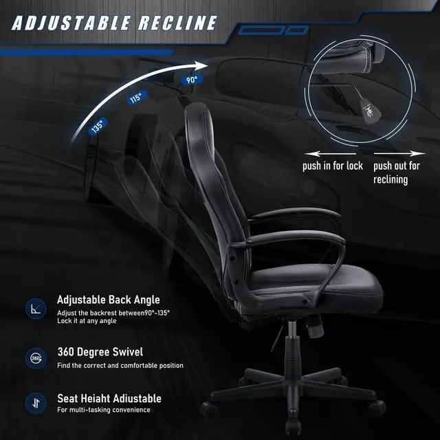 Alt view image 4 of 7 - High Back Leather Gaming Chair, 300LBS, Swivel Task Chair with Arms (Black)