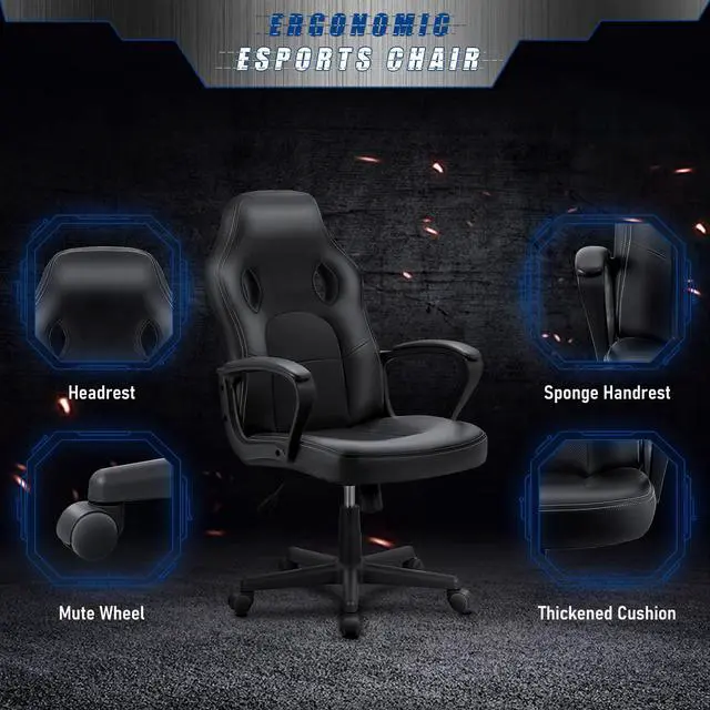 Alt view image 5 of 7 - High Back Leather Gaming Chair, 300LBS, Swivel Task Chair with Arms (Black)