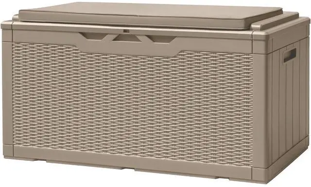 Main image of 100 Gallon Deck Box, Waterproof Resin Outdoor Storage Box with Cushion for Outside, Large Outdoor Storage Bench Cabinet Lockable for Patio Furniture and Garden Tools (Brown)