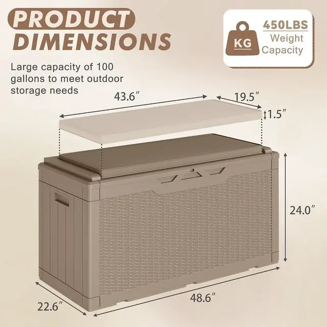 Alt view image 4 of 5 - 100 Gallon Deck Box, Waterproof Resin Outdoor Storage Box with Cushion for Outside, Large Outdoor Storage Bench Cabinet Lockable for Patio Furniture and Garden Tools (Brown)