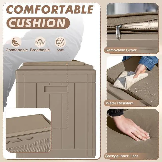 Alt view image 3 of 5 - 100 Gallon Deck Box, Waterproof Resin Outdoor Storage Box with Cushion for Outside, Large Outdoor Storage Bench Cabinet Lockable for Patio Furniture and Garden Tools (Brown)