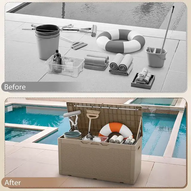 Alt view image 5 of 5 - 100 Gallon Deck Box, Waterproof Resin Outdoor Storage Box with Cushion for Outside, Large Outdoor Storage Bench Cabinet Lockable for Patio Furniture and Garden Tools (Brown)