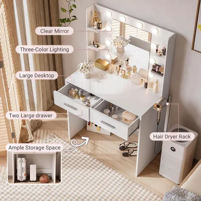 Alt view image 3 of 7 - Makeup Vanity Desk with Mirror and Lights Power Outlet, Vanity Table Makeup Desk 2 Drawers, 6 Storage Shelves Hairdryer Holder & Bench Dressing Table for Bedroom (White, No Bench)
