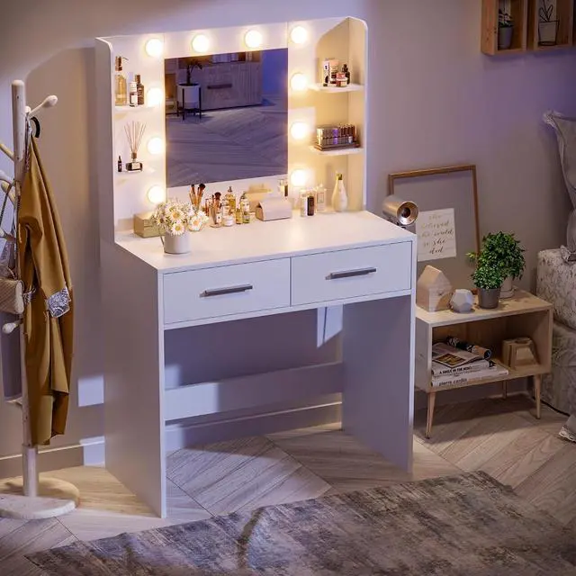 Alt view image 2 of 7 - Makeup Vanity Desk with Mirror and Lights Power Outlet, Vanity Table Makeup Desk 2 Drawers, 6 Storage Shelves Hairdryer Holder & Bench Dressing Table for Bedroom (White, No Bench)
