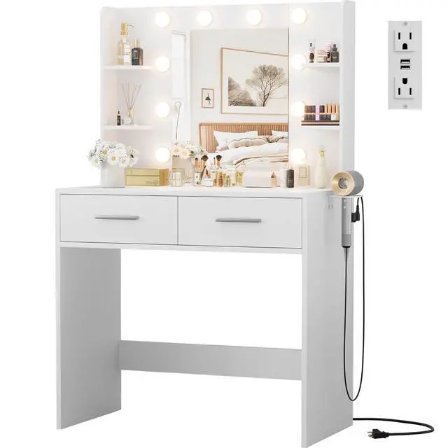Alt view image 6 of 7 - Makeup Vanity Desk with Mirror and Lights Power Outlet, Vanity Table Makeup Desk 2 Drawers, 6 Storage Shelves Hairdryer Holder & Bench Dressing Table for Bedroom (White, No Bench)