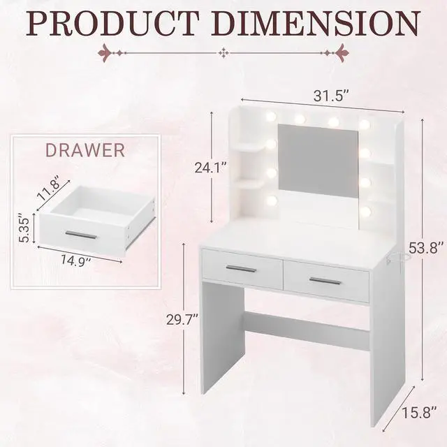 Alt view image 7 of 7 - Makeup Vanity Desk with Mirror and Lights Power Outlet, Vanity Table Makeup Desk 2 Drawers, 6 Storage Shelves Hairdryer Holder & Bench Dressing Table for Bedroom (White, No Bench)