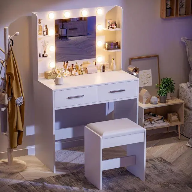 Alt view image 2 of 7 - Makeup Vanity Desk with Mirror and Lights Power Outlet, Vanity Table Makeup Desk 2 Drawers, 6 Storage Shelves Hairdryer Holder & Bench Dressing Table for Bedroom (White, with Bench)