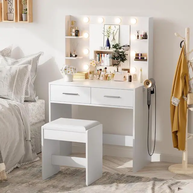 Main image of Makeup Vanity Desk with Mirror and Lights Power Outlet, Vanity Table Makeup Desk 2 Drawers, 6 Storage Shelves Hairdryer Holder & Bench Dressing Table for Bedroom (White, with Bench)