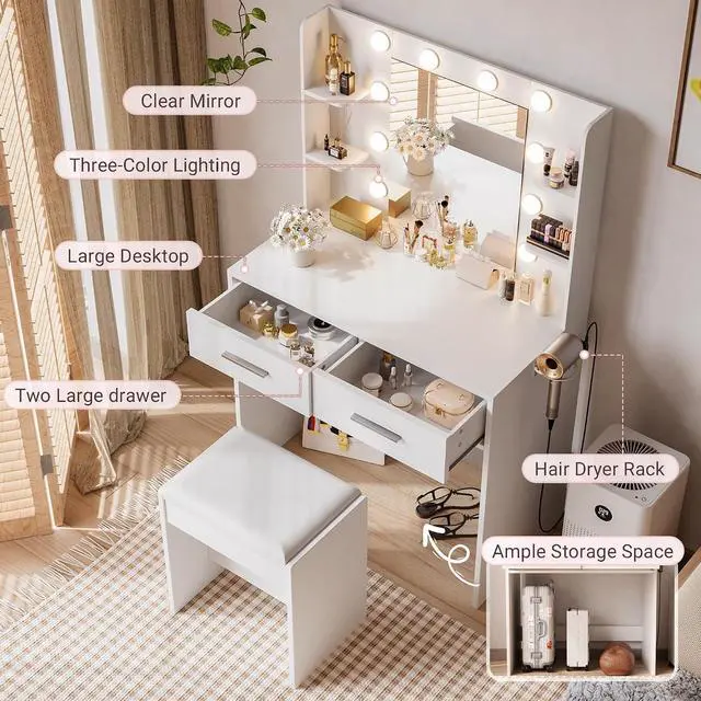 Alt view image 3 of 7 - Makeup Vanity Desk with Mirror and Lights Power Outlet, Vanity Table Makeup Desk 2 Drawers, 6 Storage Shelves Hairdryer Holder & Bench Dressing Table for Bedroom (White, with Bench)