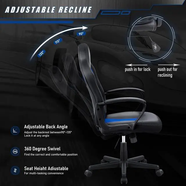 Alt view image 5 of 7 - Office Exectuive Chair High Back Leather Gaming Chair Managerial Home Desk Chair Height Adjustable Computer Chair Racing Style Ergonomic Swivel Task Chair with Arms (Blue)