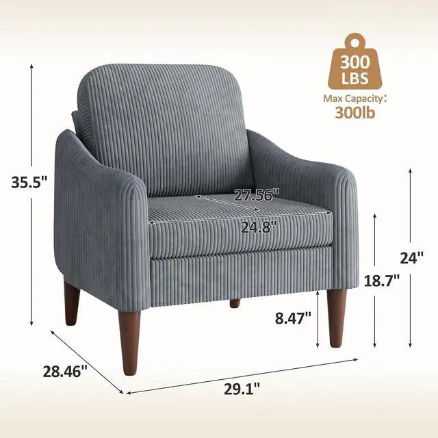 Alt view image 3 of 7 - Corduroy Fabric Club Chair, Accent Barrel Chair, Furry Sherpa Elegant Armchair with Cozy Soft Padded, Suitable for Reception Room Bedroom Living Room Office (Gray)