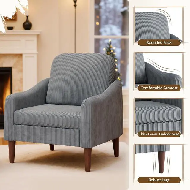 Alt view image 4 of 7 - Corduroy Fabric Club Chair, Accent Barrel Chair, Furry Sherpa Elegant Armchair with Cozy Soft Padded, Suitable for Reception Room Bedroom Living Room Office (Gray)
