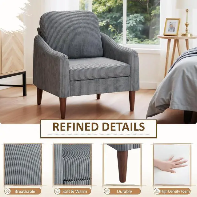 Alt view image 5 of 7 - Corduroy Fabric Club Chair, Accent Barrel Chair, Furry Sherpa Elegant Armchair with Cozy Soft Padded, Suitable for Reception Room Bedroom Living Room Office (Gray)