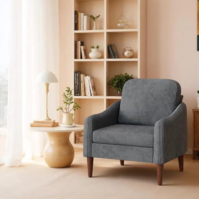 Alt view image 2 of 7 - Corduroy Fabric Club Chair, Accent Barrel Chair, Furry Sherpa Elegant Armchair with Cozy Soft Padded, Suitable for Reception Room Bedroom Living Room Office (Gray)
