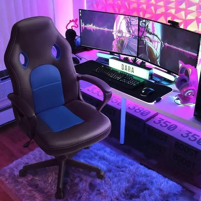 Alt view image 7 of 7 - Office Exectuive Chair High Back Leather Gaming Chair Managerial Home Desk Chair Height Adjustable Computer Chair Racing Style Ergonomic Swivel Task Chair with Arms (Blue)