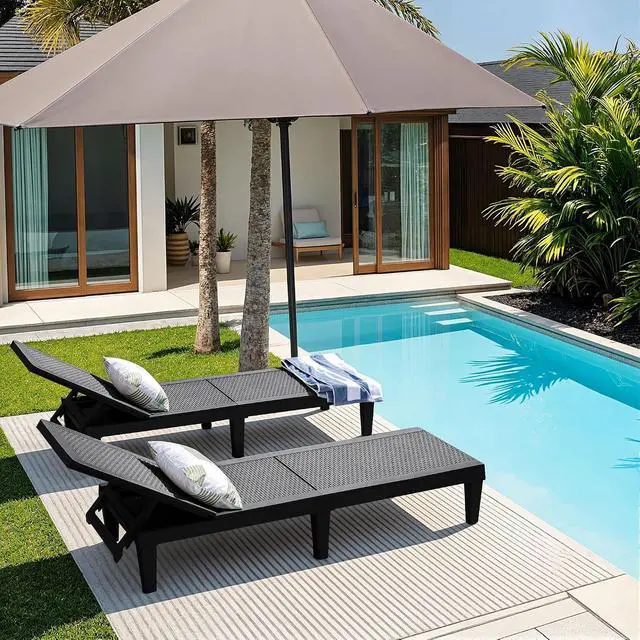 Alt view image 2 of 7 - Patio Chaise Lounge Chair Set of 2 Outdoor PE Waterproof Adjustable Easy Assembly Lounge Chairs for Outside Pool Garden Deck Beach (Black, Set of 2)