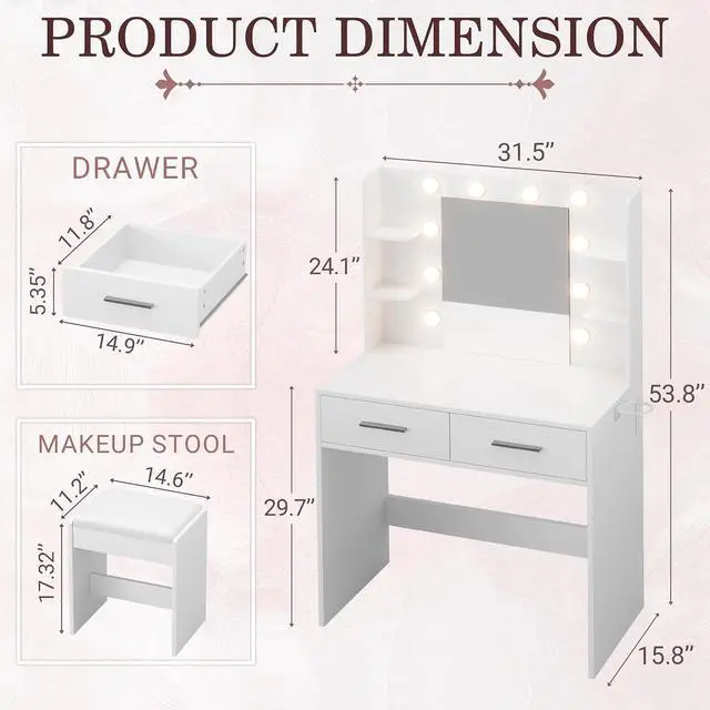 Alt view image 7 of 7 - Makeup Vanity Desk with Mirror and Lights Power Outlet, Vanity Table Makeup Desk 2 Drawers, 6 Storage Shelves Hairdryer Holder & Bench Dressing Table for Bedroom (White, with Bench)