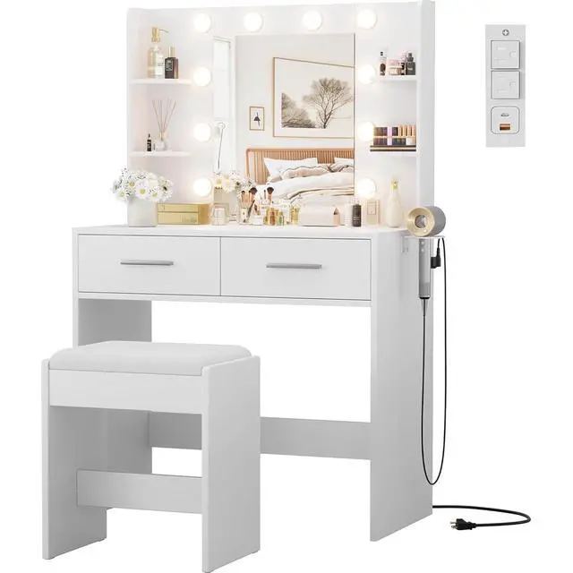Alt view image 6 of 7 - Makeup Vanity Desk with Mirror and Lights Power Outlet, Vanity Table Makeup Desk 2 Drawers, 6 Storage Shelves Hairdryer Holder & Bench Dressing Table for Bedroom (White, with Bench)