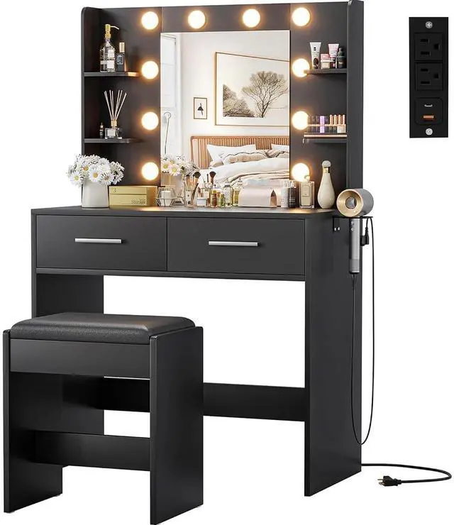 Main image of Makeup Vanity Desk with Mirror and Lights Power Outlet, Vanity Table Makeup Desk 2 Drawers, 6 Storage Shelves Hairdryer Holder & Bench Dressing Table for Bedroom (Black, with Bench)