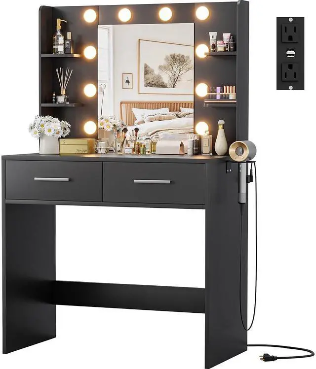 Main image of Makeup Vanity Desk with Mirror and Lights Power Outlet, Vanity Table Makeup Desk 2 Drawers, 6 Storage Shelves Hairdryer Holder & Bench Dressing Table for Bedroom (Black, No Bench)