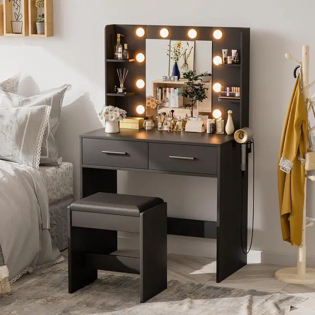 Alt view image 2 of 7 - Makeup Vanity Desk with Mirror and Lights Power Outlet, Vanity Table Makeup Desk 2 Drawers, 6 Storage Shelves Hairdryer Holder & Bench Dressing Table for Bedroom (Black, with Bench)