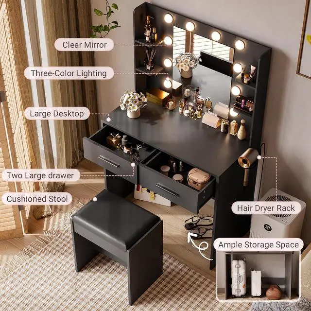 Alt view image 3 of 7 - Makeup Vanity Desk with Mirror and Lights Power Outlet, Vanity Table Makeup Desk 2 Drawers, 6 Storage Shelves Hairdryer Holder & Bench Dressing Table for Bedroom (Black, with Bench)