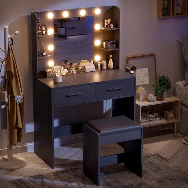 Alt view image 6 of 7 - Makeup Vanity Desk with Mirror and Lights Power Outlet, Vanity Table Makeup Desk 2 Drawers, 6 Storage Shelves Hairdryer Holder & Bench Dressing Table for Bedroom (Black, with Bench)