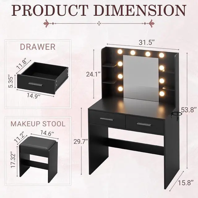 Alt view image 7 of 7 - Makeup Vanity Desk with Mirror and Lights Power Outlet, Vanity Table Makeup Desk 2 Drawers, 6 Storage Shelves Hairdryer Holder & Bench Dressing Table for Bedroom (Black, with Bench)