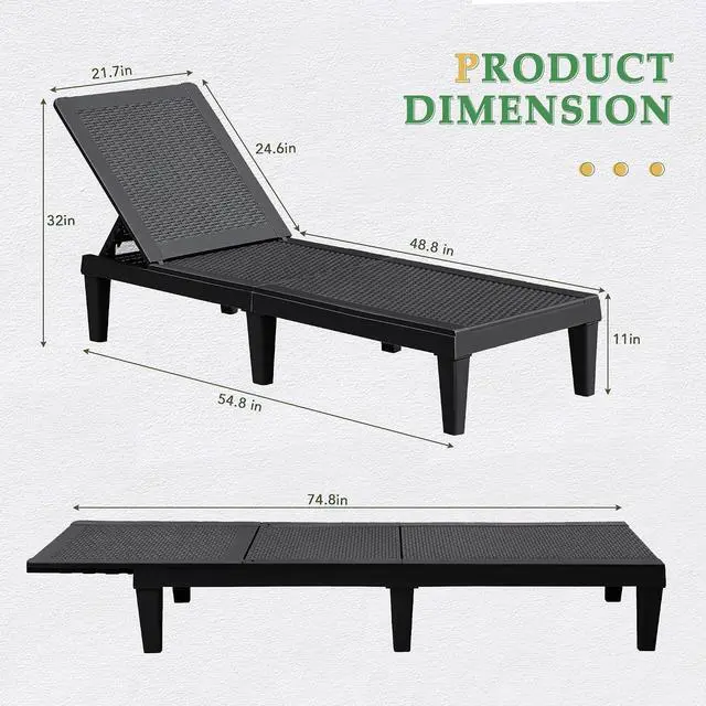 Alt view image 3 of 7 - Patio Chaise Lounge Chair Set of 2 Outdoor PE Waterproof Adjustable Easy Assembly Lounge Chairs for Outside Pool Garden Deck Beach (Black, Set of 2)
